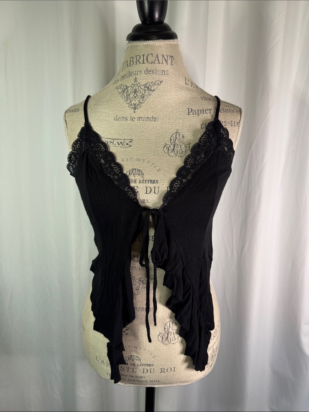 Urban Outfitters Black Lace-Trim Tie-Front Ruffle Camisole